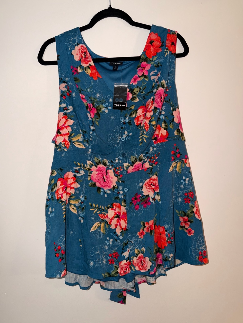 torrid Teal Floral Sleeveless V-Neck Tank with Pink & Red Blooms